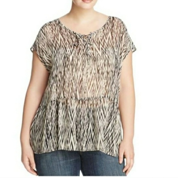 NWT Lucky Brand Black and Beige Ikat Blouse - Picture 1 of 8